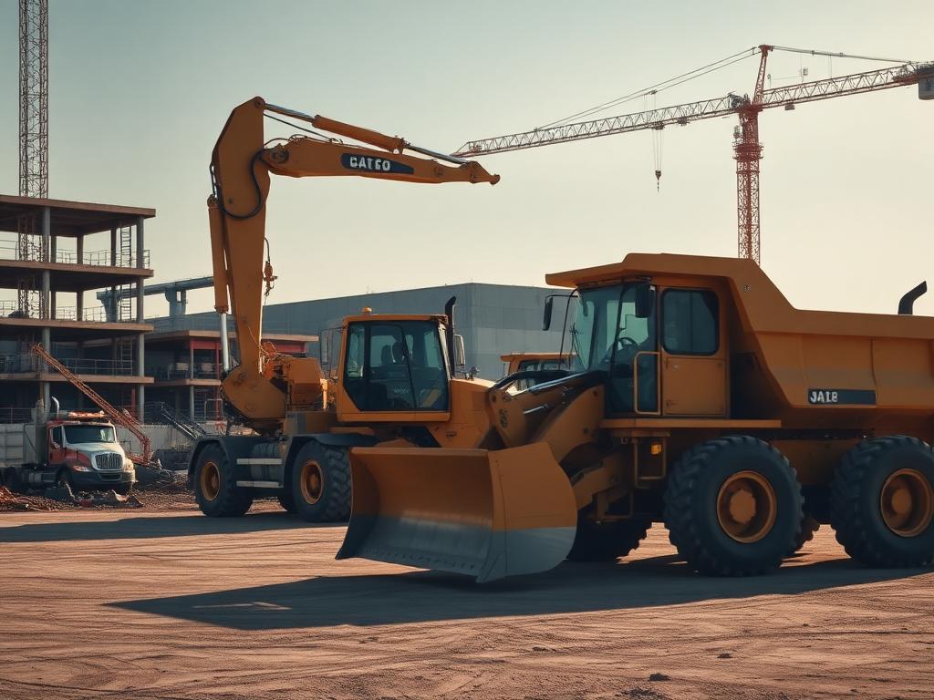 Chantier de construction commercial avec excavatrice, chargeuse et camion lourd