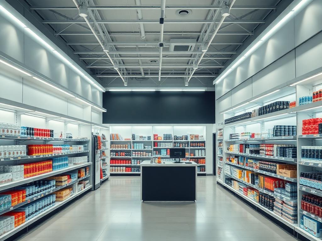 Intérieur de commerce de détail moderne avec rayonnage premium et caisse POS